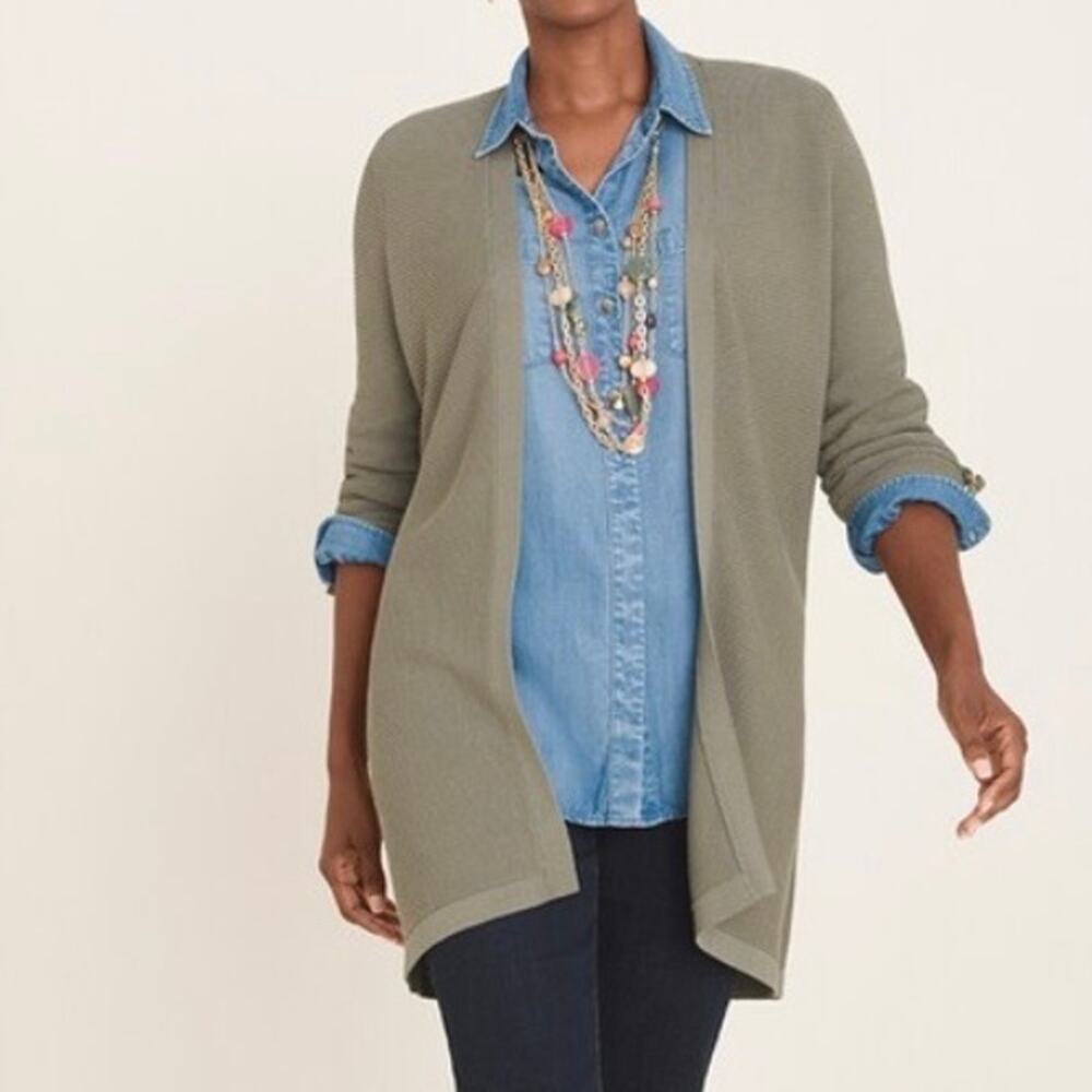 Chico’s Green Textured Tab-Sleeve Duster Cardigan
